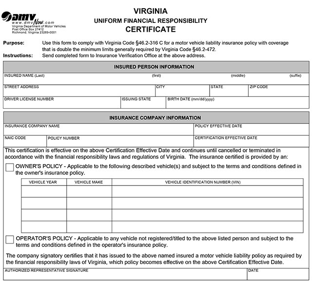 SR22 Form of Virginia